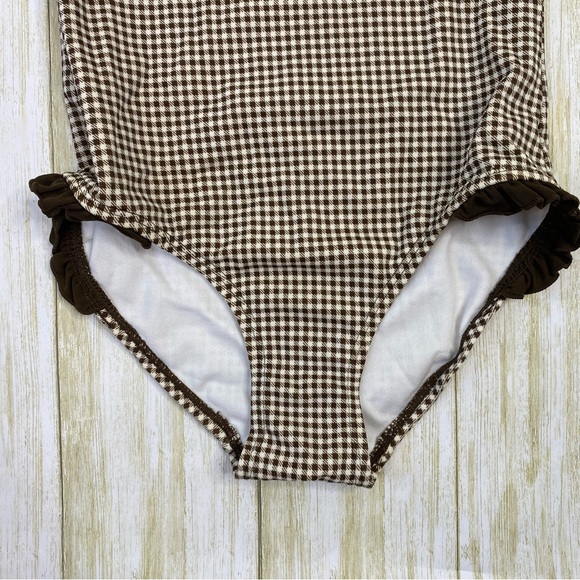 Janie & Jack Brown and White Plaid Pineapple Crochet One Piece Swimsuit - Picture 4 of 6